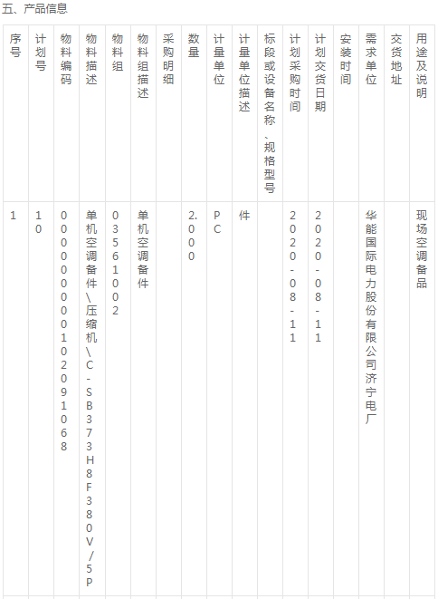 華能國際濟寧電廠空調壓縮機及配件詢價公告