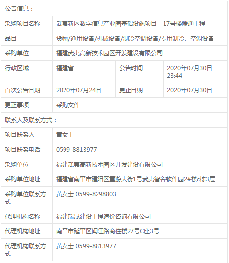 武夷新區數字信息產業園基礎設施項目—17號樓暖通工程更正公告