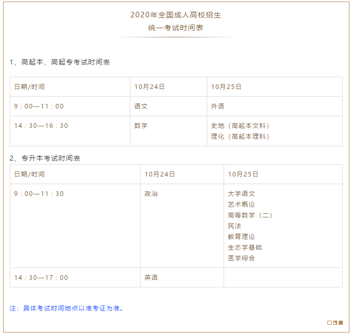 2020年10月份廣東成人高考重要日程安排！